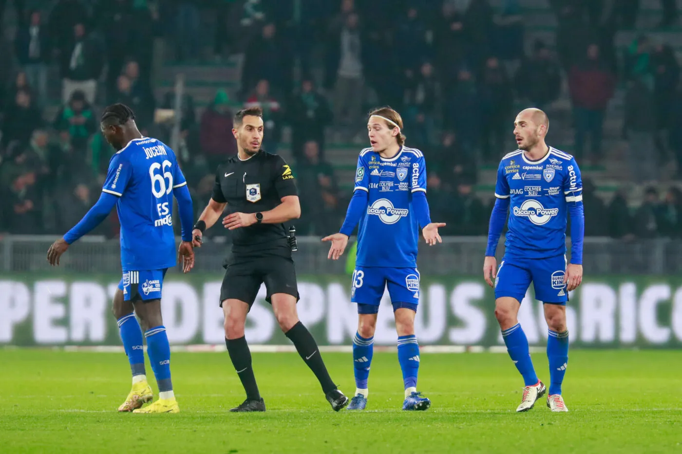 Tom DUCROCQ of Bastia and Referee Abdelatif KHERRADJI during the Ligue 2 BKT match between Association Sportive de Saint-Etienne and Sporting Club Bastiais at Stade Geoffroy-Guichard on December 19, 2023 in Saint-Etienne, France. (Photo by Romain Biard/Icon Sport)