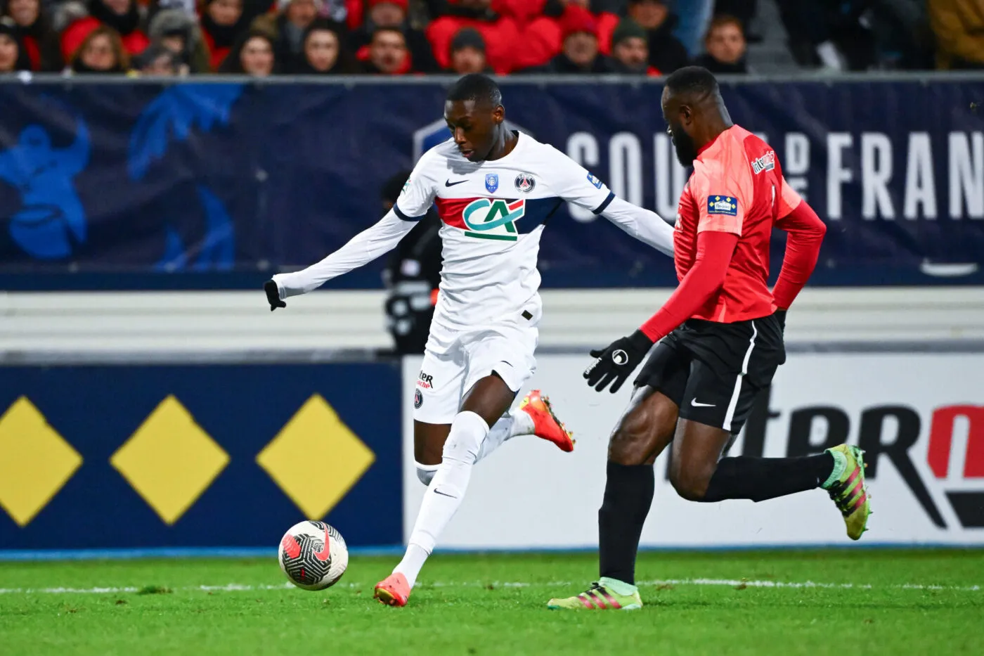 Randal KOLO MUANI of PSG during the French Cup match between Union Sportive Reveloise and Paris Saint-Germain at Stade Pierre Fabre on January 7, 2024 in Castres, France. (Photo by Anthony Dibon/Icon Sport)
