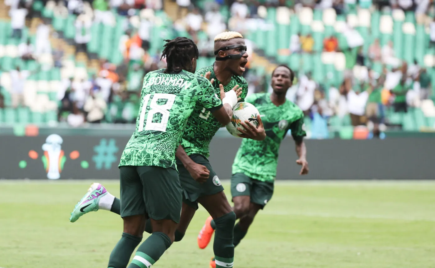 Victor James Osimhen of Nigeria heads goal celebrates goal during the 2023 Africa Cup of Nations match between Nigeria and Equatorial Guinea at the Alassane Ouattara Stadium in Abidjan, Cote dIvoire on 14 January 2024 - Photo by Icon Sport