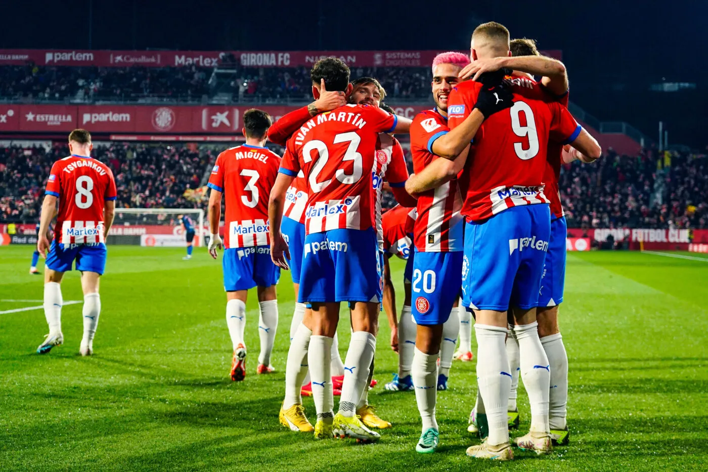 Artem Dovbyk of Girona FC celebrates with his teammate Yan Couto after scoring goal during the La Liga EA Sports match between Girona FC and Sevilla FC played at Montilivi Stadium on January 21, 2024 in Girona, Spain. (Photo by Bagu Blanco / Pressinphoto / Icon Sport) - Photo by Icon Sport