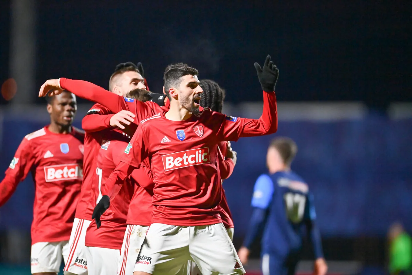 Pierre LEES-MELOU of Stade Brestois 29  celebrate after scores during the French Cup match between Trelissac FC and Stade Brestois 29 at Stade Firmin Daudou on January 20, 2024 in Trelissac, France. (Photo by Loic Cousin/Icon Sport)