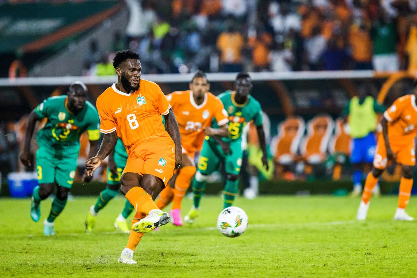 Franck Kessie of Cote dIvoire scores from the penalty spot to equalise during the 2023 Africa Cup of Nations Last 16 match between Senegal and Ivory Coast at Charles Konan Stadium in Yamoussoukro on the 29 January 2024 Mohamed Aly/Sports Inc - Photo by Icon Sport
