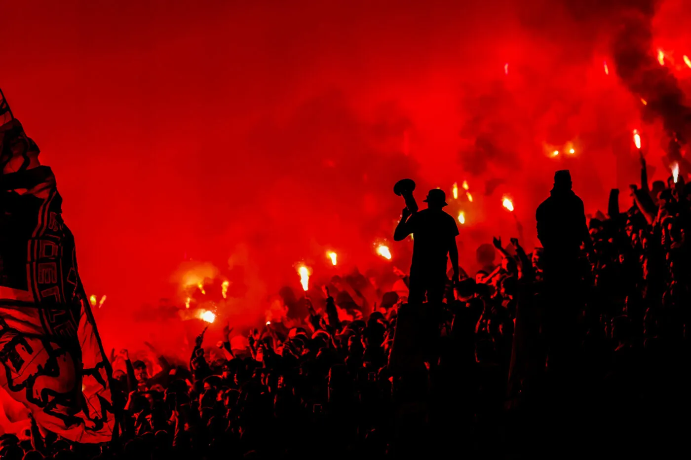 Fans Marseille with light flares during the Ligue 1 Uber Eats match between Marseille and Troyes at Orange Velodrome on April 16, 2023 in Marseille, France. (Photo by Johnny Fidelin/Icon Sport)