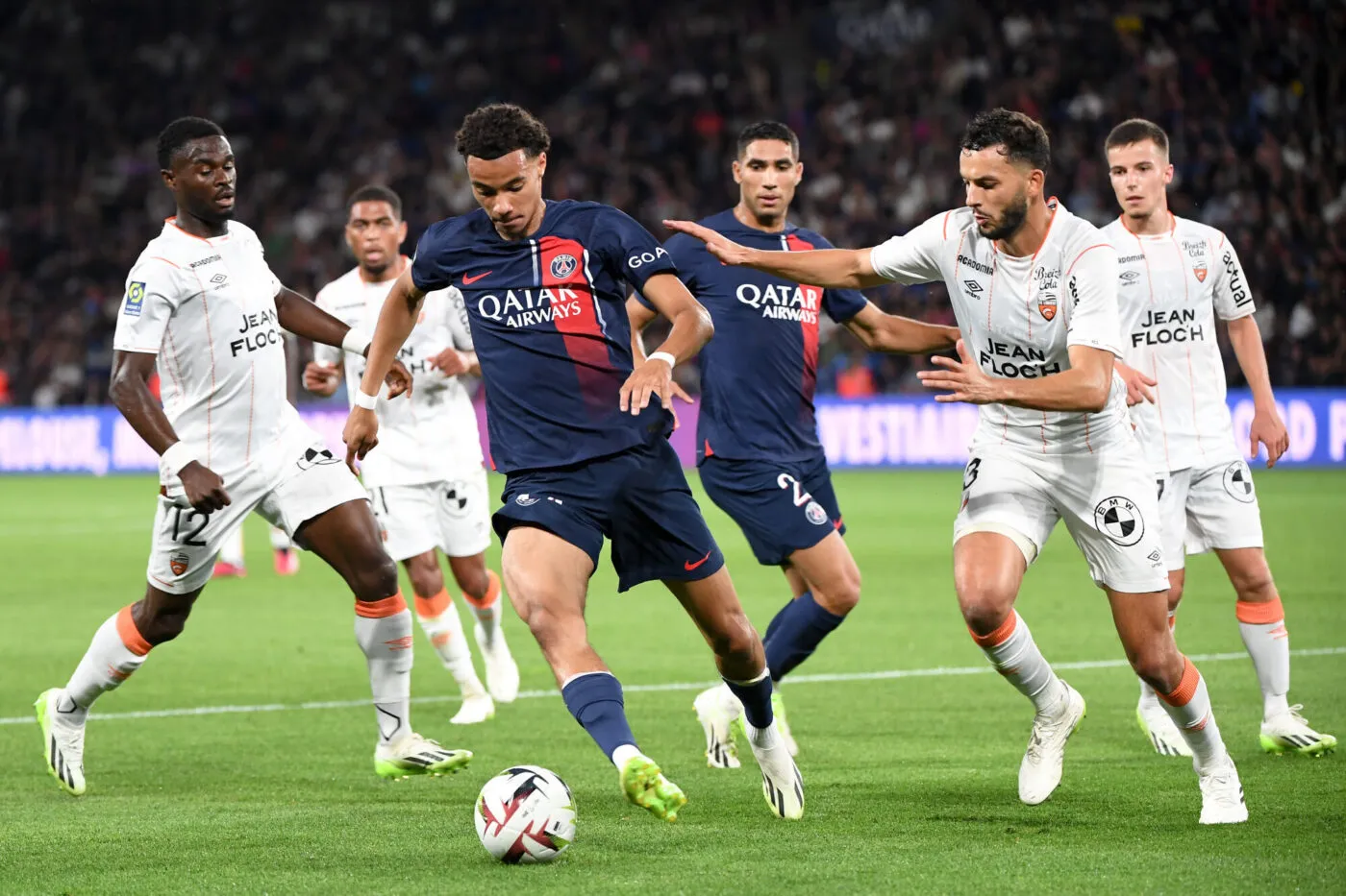 03 Montassar TALBI (fcl) - 44 Hugo EKITIKE (psg) during the Ligue 1 Uber Eats match between Paris Saint Germain and FC Lorient at Parc des Princes on August 12, 2023 in Paris, France. (Photo by Christophe Saidi/FEP/Icon Sport)