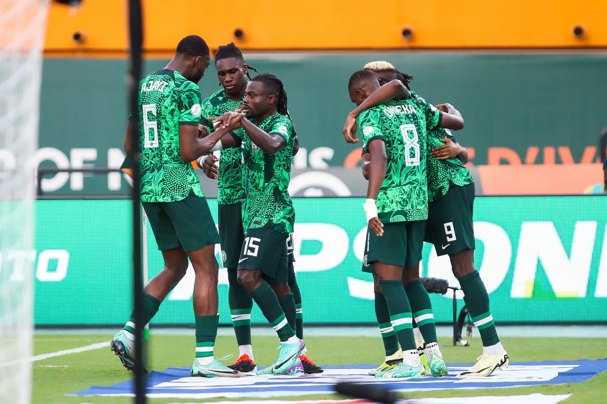 Ademola Olajide Lookman of Nigeria celebrates goal with teammates during the 2023 Africa Cup of Nations quarterfinal match between Nigeria and Angola at the Felix Houphouet Boigny Stadium in Abidjan, Cote dIvoire on 2 February 2024 - Photo by Icon Sport