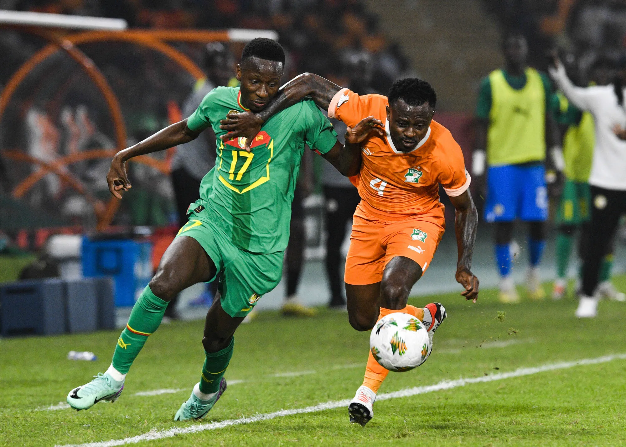 Jean Michael Seri of Cote dIvoire challenges Pape Matar Sarr of Senegal during the 2023 Africa Cup of Nations Last 16 match between Senegal and Ivory Coast at Charles Konan Stadium in Yamoussoukro on the 29 January 2024 - Photo by Icon Sport