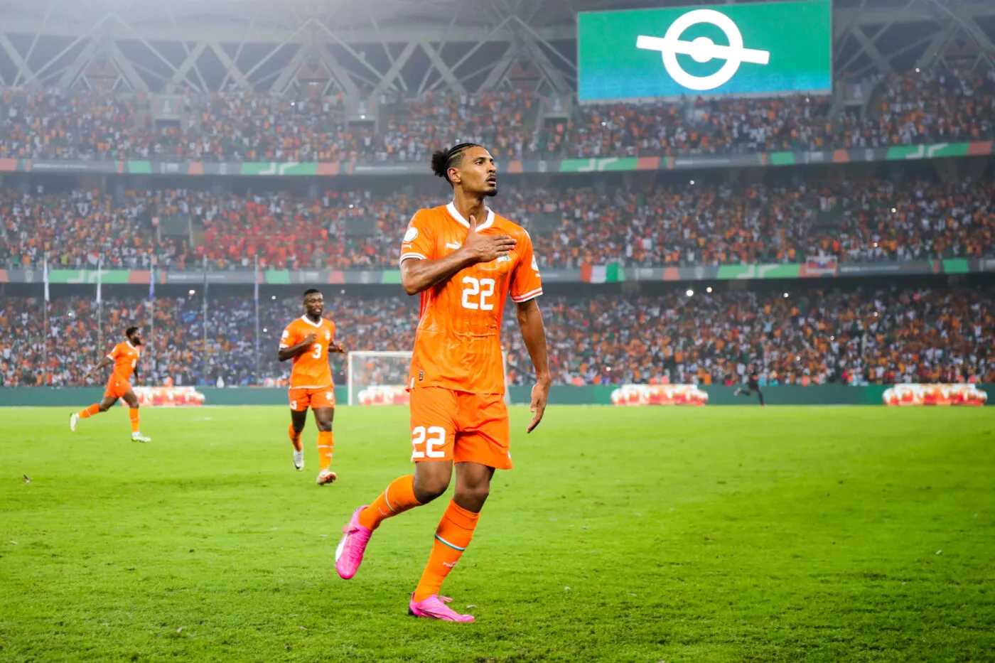 Sebastien Haller of Cote dIvoire celebrates goal during the 2023 Africa Cup of Nations semifinal match between Cote dIvoire and DR Congo at Alassane Ouattara Stadium in Abidjan, Cote dIvoire on 7 February 2024 - Photo by Icon Sport
