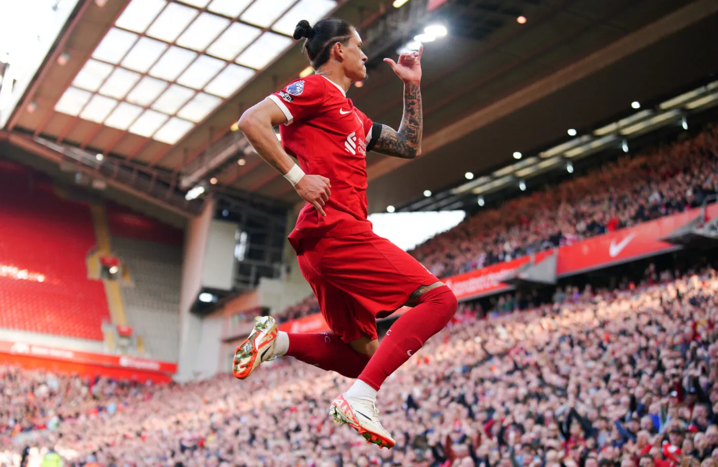 Liverpool's Darwin Nunez celebrates scoring their side's second goal of the game during the Premier League match at Anfield, Liverpool. Picture date: Sunday October 29, 2023. - Photo by Icon sport