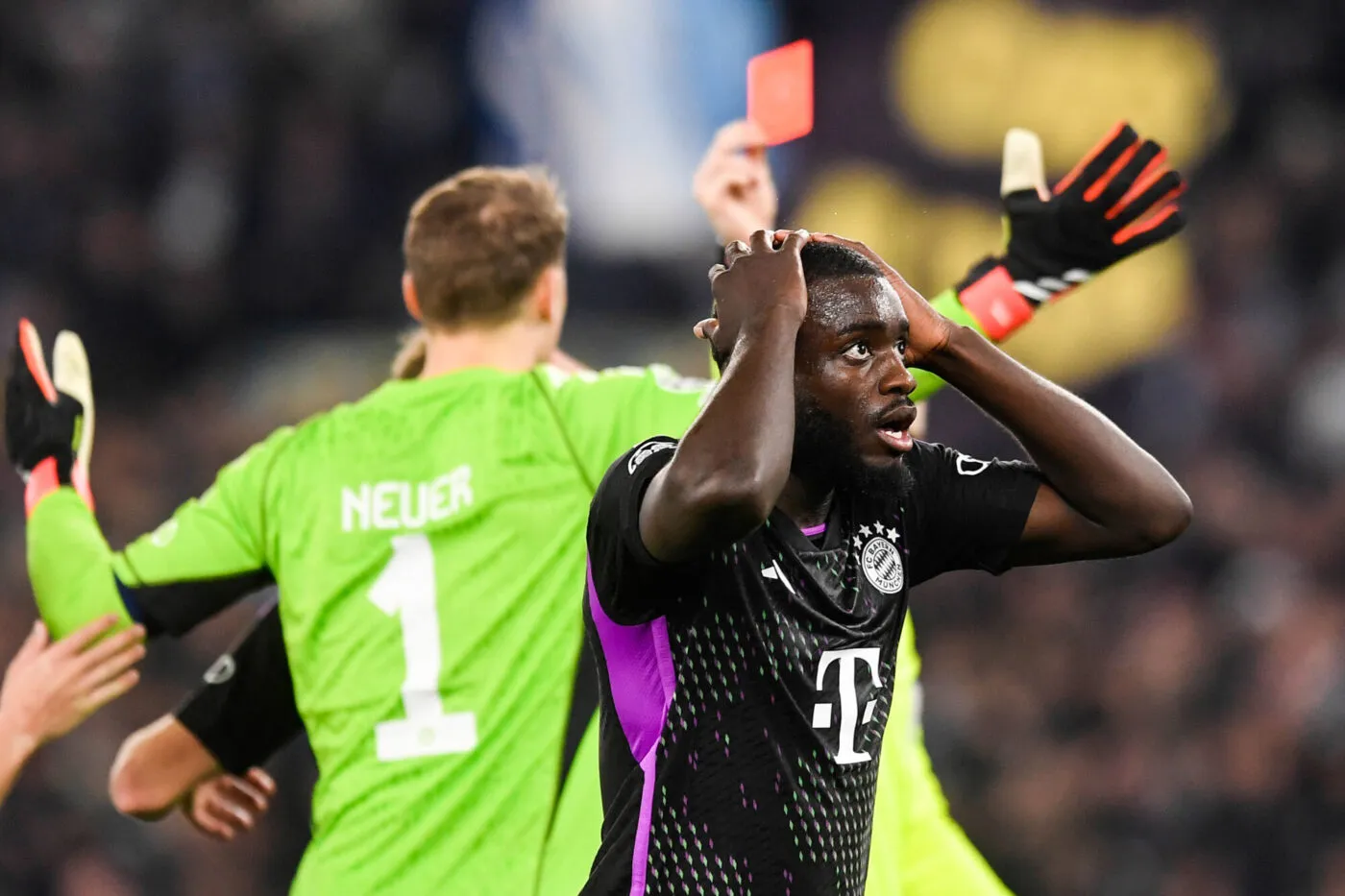 Ejection of Dayot Upamecano of Bayern Munchen by the referee Francois Letexier during the Champions League football match between SS Lazio and FC Bayern Munchen at Olimpico stadium in Rome (Italy), February 14th, 2024./Sipa USA No Sales in Italy - Photo by Icon Sport
