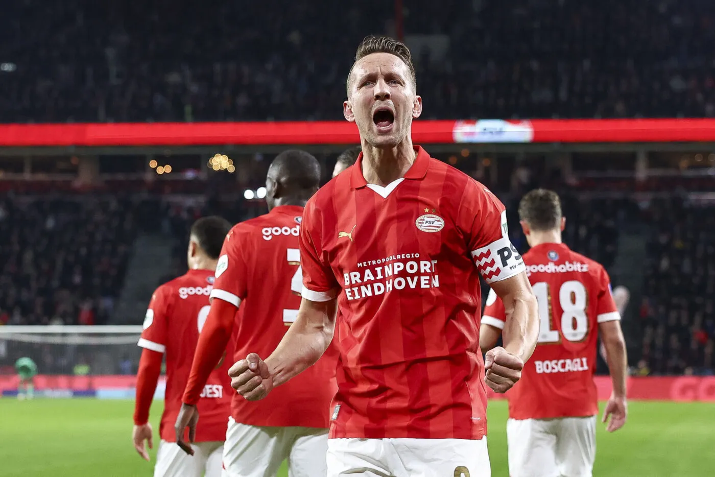EINDHOVEN, 16-02-2024, Philips Stadium, Dutch football Eredivisie season 2023 / 2024, Match between PSV - Heracles, PSV player Luuk de Jong celebrating the goal 1-0 - Photo by Icon Sport during the Eredivisie match between PSV Eindhoven and Heracles Almelo at Philips Stadion on February 16, 2024 in Eindhoven, Netherlands. (Photo by ProShots/Icon Sport)