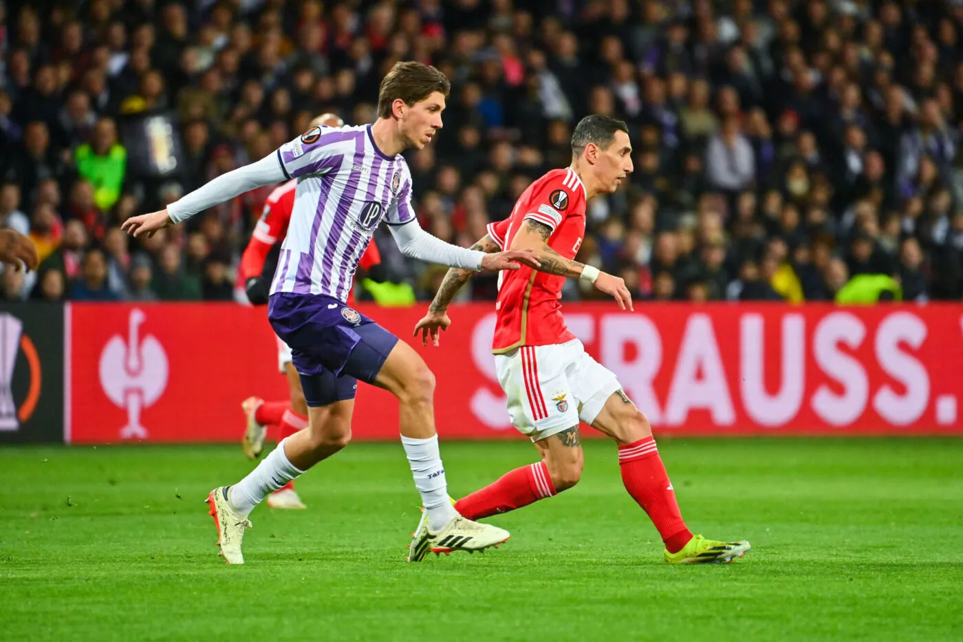 Angel Di Maria of Benfica Lisbonne, Stijn Spierings of Toulouse Football Club during the UEFA Europa League match between Toulouse Football Club and Sport Lisboa e Benfica at Stadium de Toulouse on February 22, 2024 in Toulouse, France. (Photo by Loic Cousin/Icon Sport)