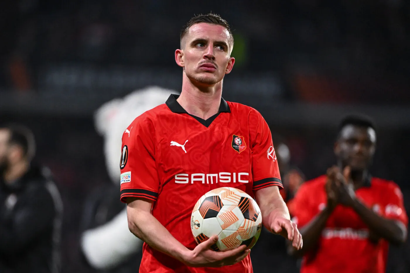 Benjamin BOURIGEAUD of Stade Rennais during the UEFA Europa League match between Stade Rennais Football Club and Associazione Calcio Milan at Roazhon Park on February 22, 2024 in Rennes, France. (Photo by Anthony Dibon/Icon Sport)