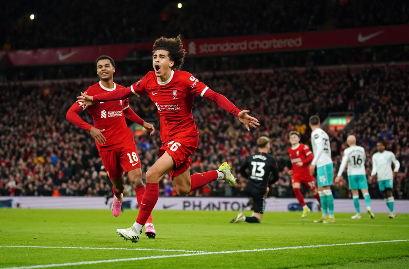 Liverpool's Jayden Danns celebrates scoring their side's second goal of the game during the Emirates FA Cup fifth round match at Anfield, Liverpool. Picture date: Wednesday February 28, 2024.   - Photo by Icon Sport