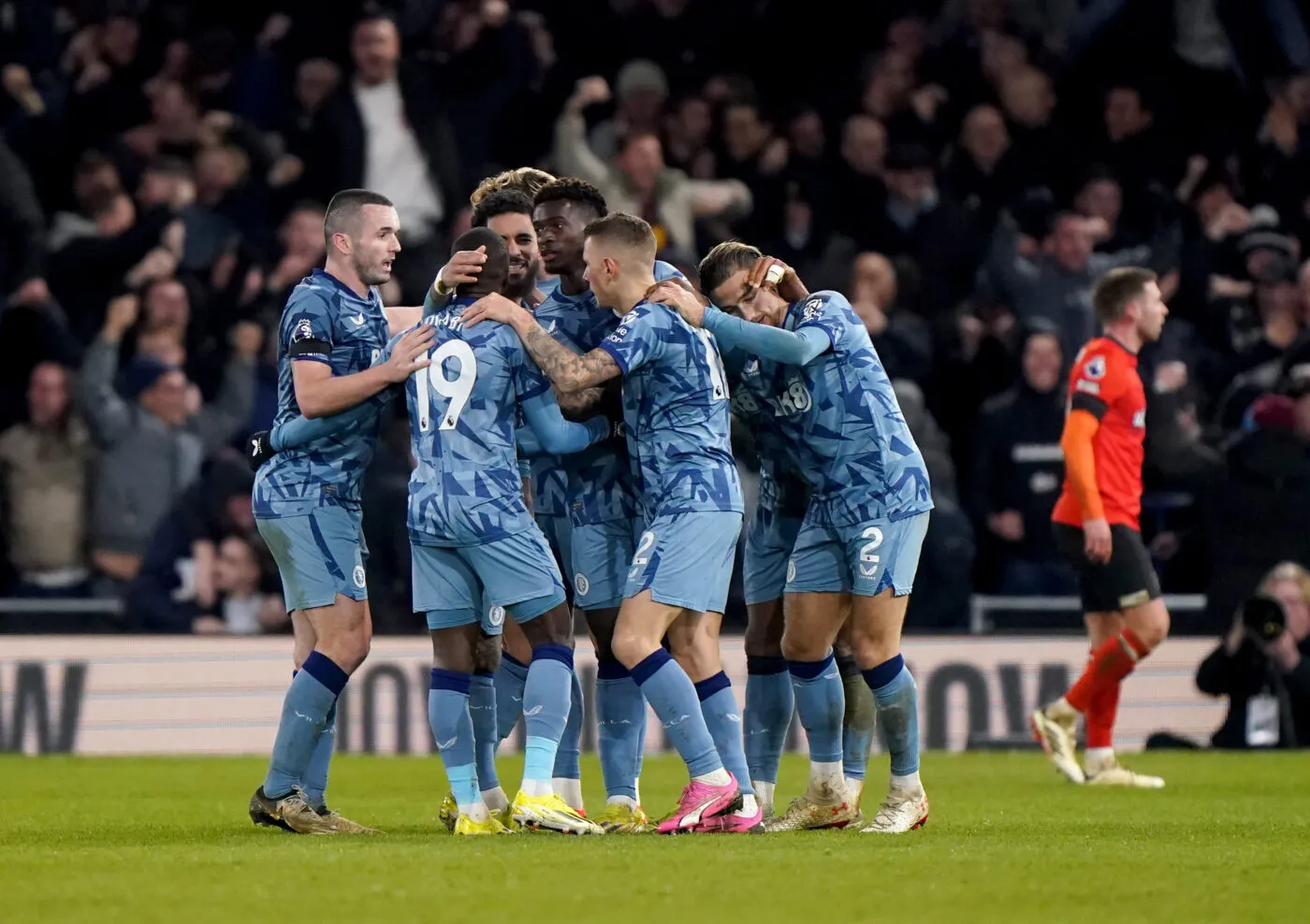 Aston Villa's Lucas Digne (second right) is congratulated by his team mates after scoring his sides third goal of the game during the Premier League match at Kenilworth Road, Luton. Picture date: Saturday March 2, 2024.   - Photo by Icon Sport