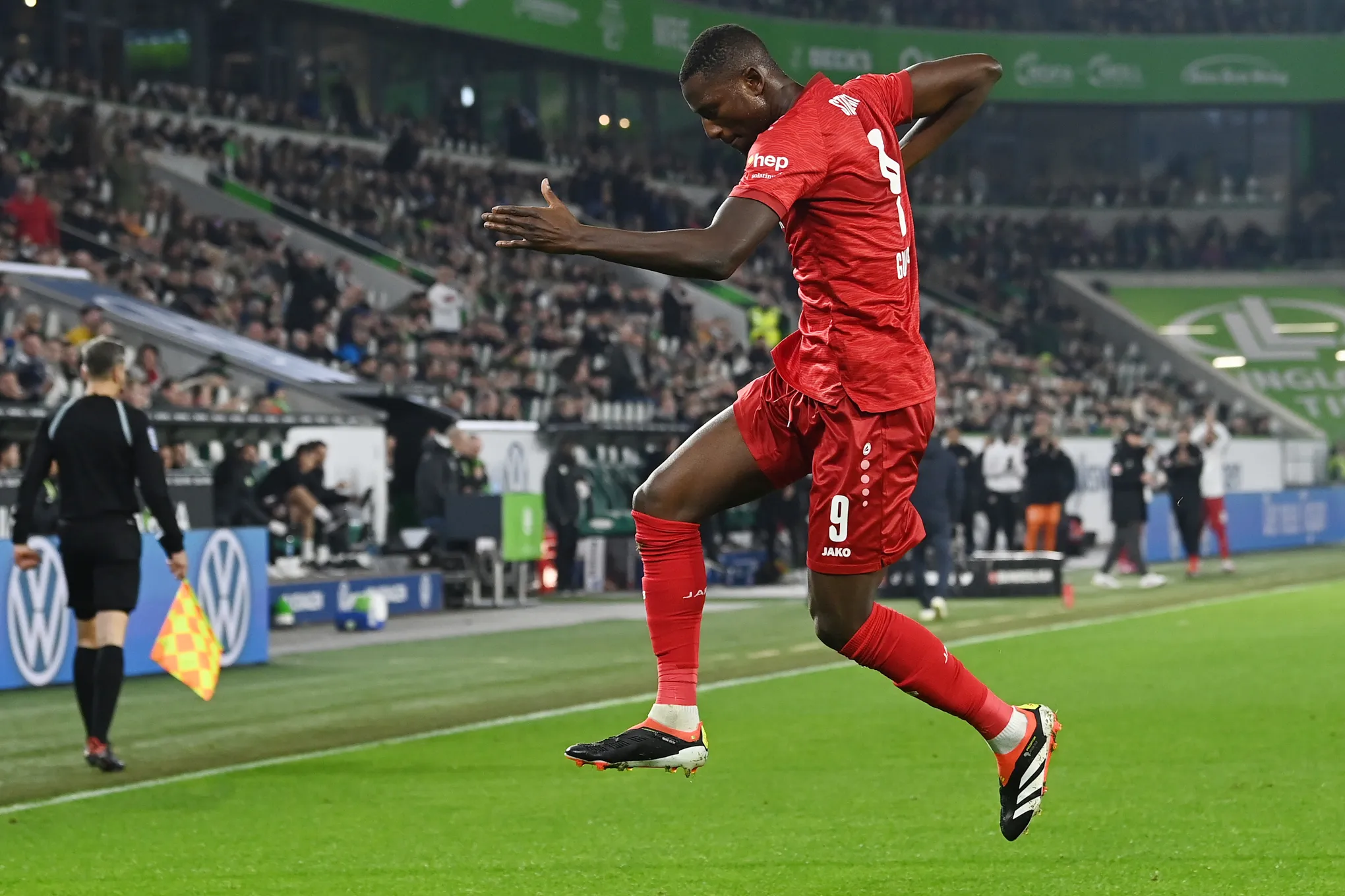 02 March 2024, Lower Saxony, Wolfsburg: Soccer: Bundesliga, VfL Wolfsburg - VfB Stuttgart, Matchday 24, Volkswagen Arena. Stuttgart's Serhou Guirassy celebrates after his goal to make it 0:1. Photo: Swen Pfˆrtner/dpa - IMPORTANT NOTE: In accordance with the regulations of the DFL German Football League and the DFB German Football Association, it is prohibited to utilize or have utilized photographs taken in the stadium and/or of the match in the form of sequential images and/or video-like photo series. Photo by Icon Sport   - Photo by Icon Sport