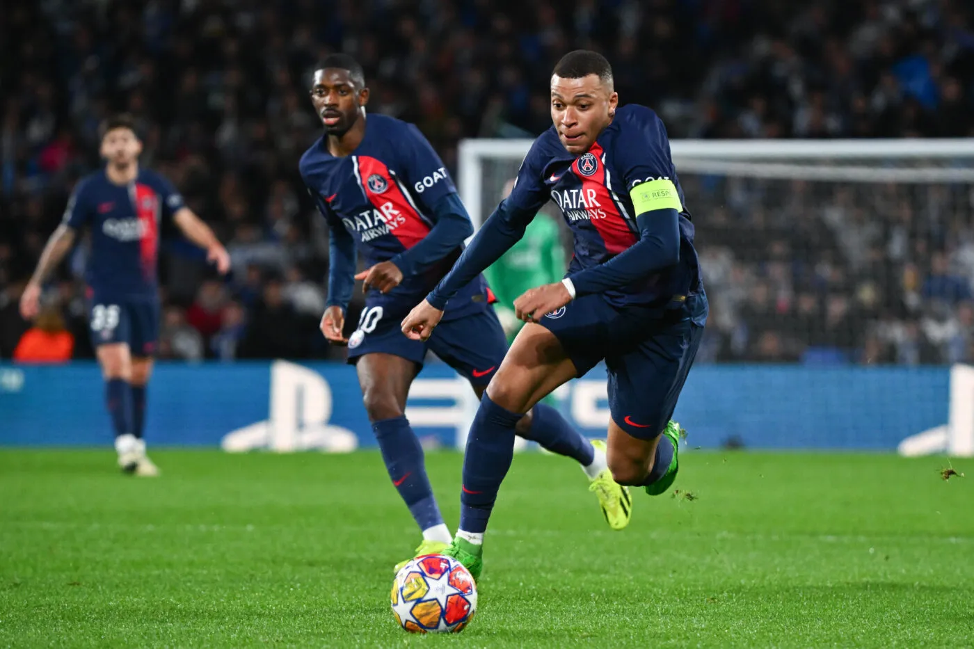 Kylian MBAPPE of PSG and Ousmane DEMBELE of PSG during the UEFA Champions League match between Real Sociedad de Futbol and Paris Saint-Germain Football Club at Estadio Anoeta on March 5, 2024 in San Sebastian, Spain.(Photo by Anthony Dibon/Icon Sport)   - Photo by Icon Sport