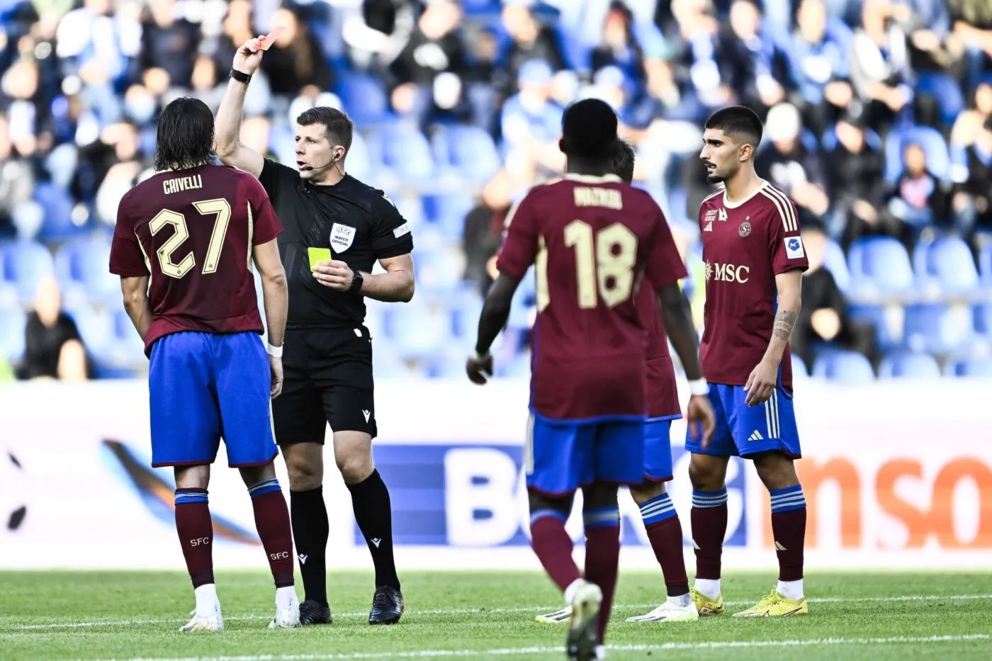 Servette's Enzo Crivelli receives a red card during a soccer game between Belgian KRC Genk and Swiss Servette FC, Wednesday 02 August 2023 in Genk, the first leg of the second qualifying round for the UEFA Champions League competition. BELGA PHOTO JOHAN EYCKENS - Photo by Icon sport