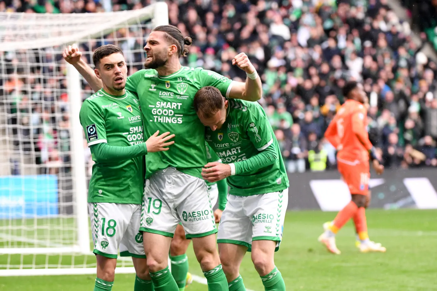 19 Leo PETROT (asse) - 18 Mathieu CAFARO (asse) during the Ligue 2 BKT match between Saint-Etienne and Auxerre on March 9, 2024 in Saint-Etienne, France.(Photo by Anthony Bibard/FEP/Icon Sport)   - Photo by Icon Sport