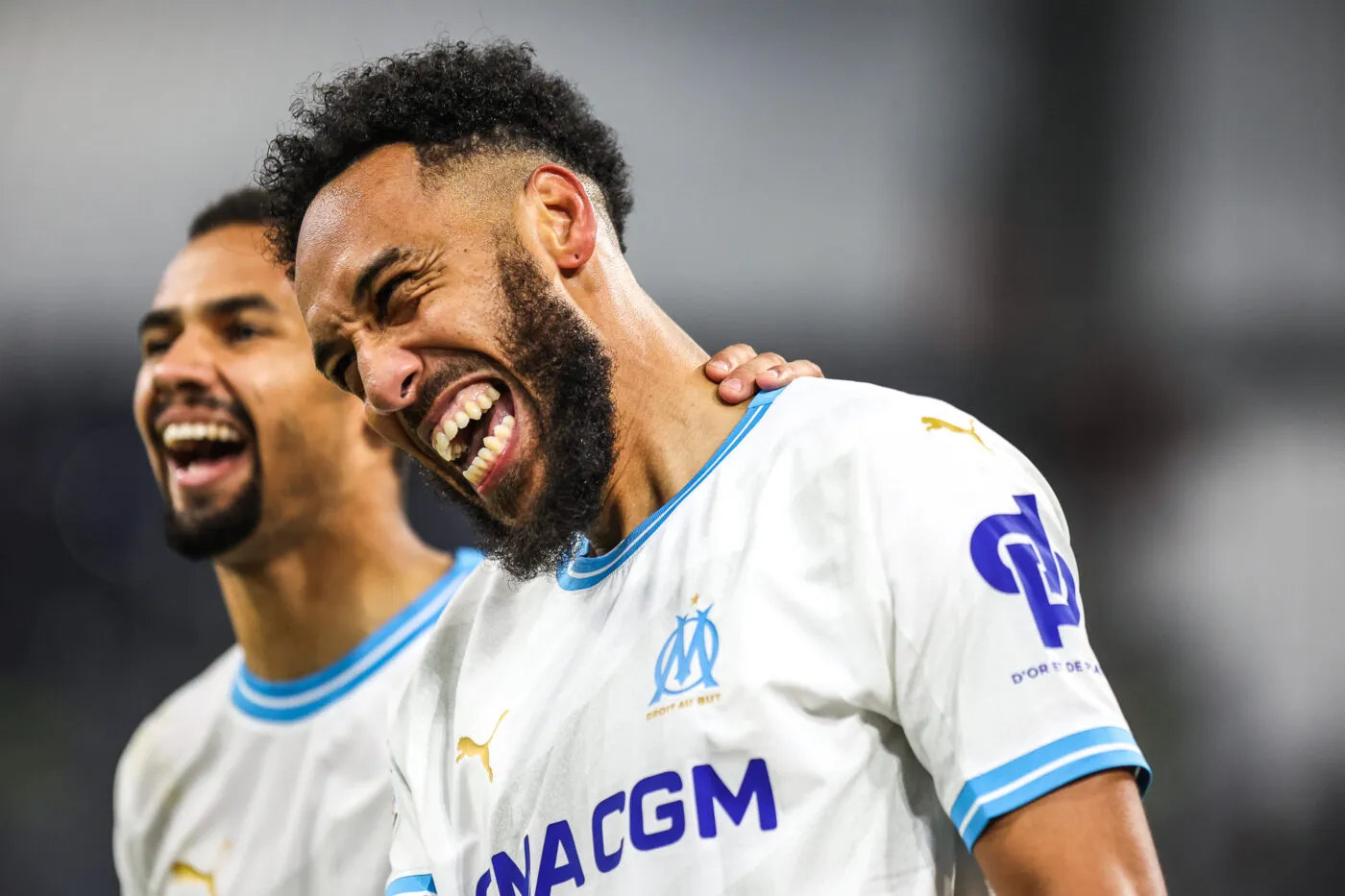 Pierre-Emerick AUBAMEYANG of Marseille celebrates his goal with Iliman NDIAYE during the UEFA Europa League match between Marseille and Villarreal at Orange Velodrome on March 7, 2024 in Marseille, France.(Photo by Johnny Fidelin/Icon Sport)   - Photo by Icon Sport