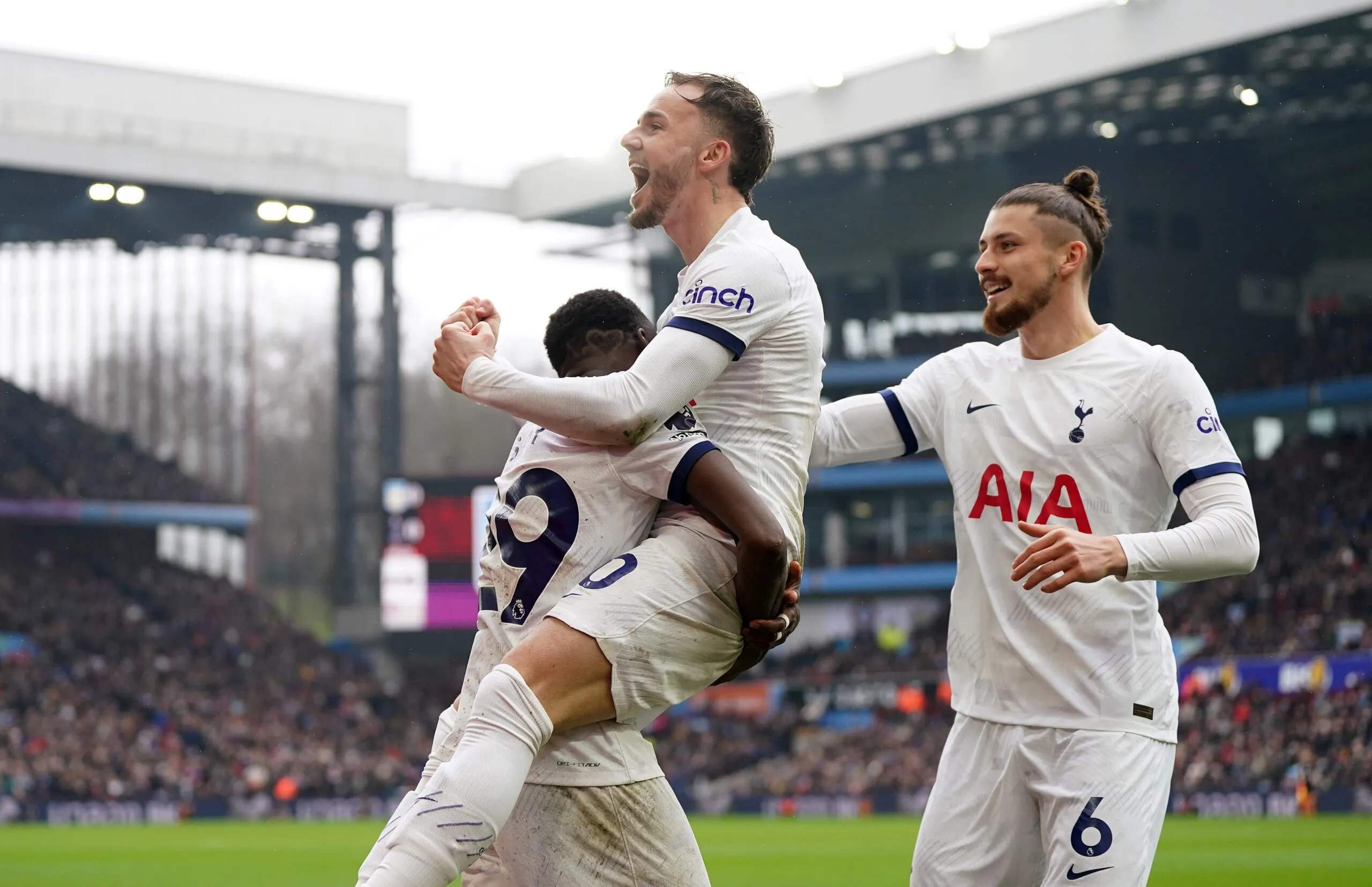 Tottenham Hotspur's James Maddison (right) celebrates with Pape Matar Sarr after scoring their first goal during the Premier League match at Villa Park, Birmingham. Picture date: Sunday March 10, 2024.   - Photo by Icon Sport