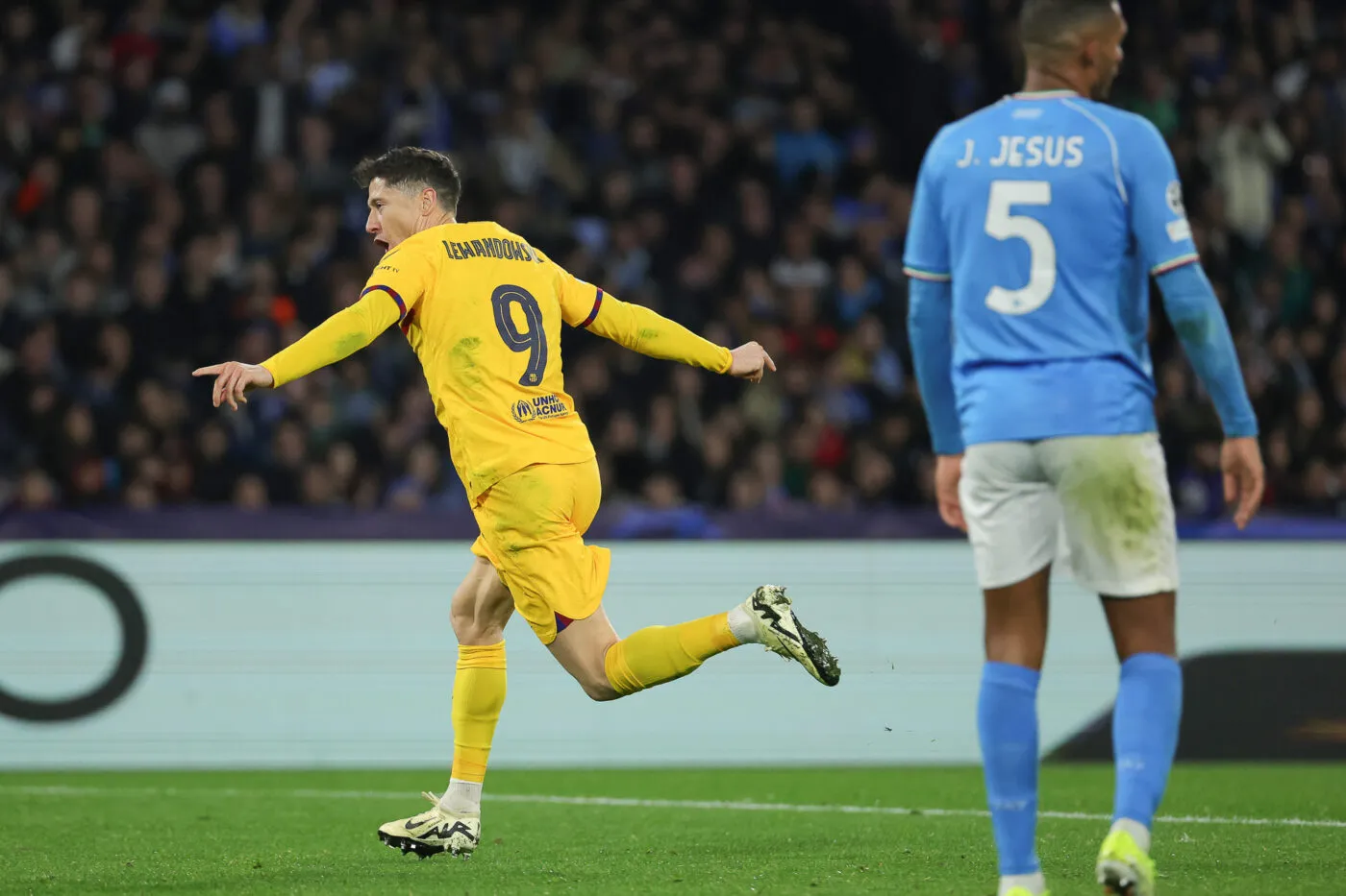 Robert Lewandowski (FC Barcelona) celebrates after scoring their side's first goal of the game during the UEFA CHAMPIONS LEAGUE soccer match between NAPOLI and BARCELLONA at Diego Armando Maradona Stadium in Naples, Italy - Wednesday, February 21, 2024. ( Alessandro Garofalo/LaPresse ) - Photo by Icon Sport   - Photo by Icon Sport