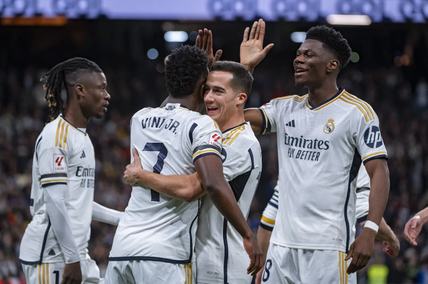 Real Madrid players (from L to R) Eduardo Camavinga, Vinicius Junior, Lucas Vazquez, Aurelien Tchouameni of Real Madrid seen celebrating a goal during the La Liga EA Sports 2023/24 football match between Real Madrid vs Girona Madrid at Santiago Bernabeu stadium in Madrid, Spain. - Photo by Icon Sport   - Photo by Icon Sport