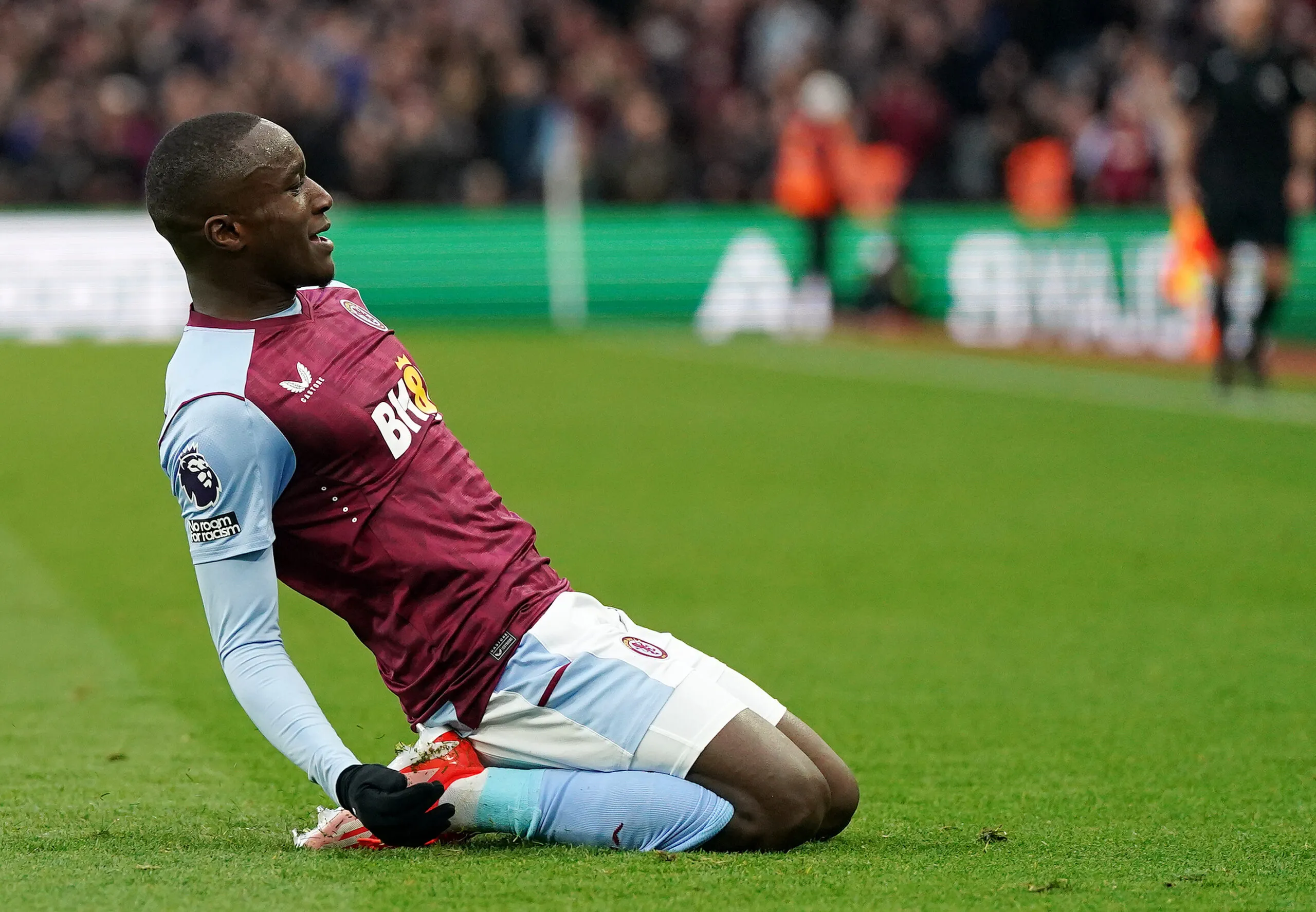 Aston Villa's Moussa Diaby celebrates scoring the opening goal of the game during the Premier League match at Villa Park, Birmingham. Picture date: Saturday March 30, 2024.   - Photo by Icon Sport