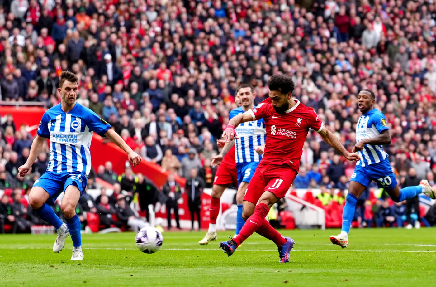 Liverpool's Mohamed Salah attempts a shot on goal during the Premier League match at Anfield, Liverpool. Picture date: Sunday March 31, 2024.   - Photo by Icon Sport