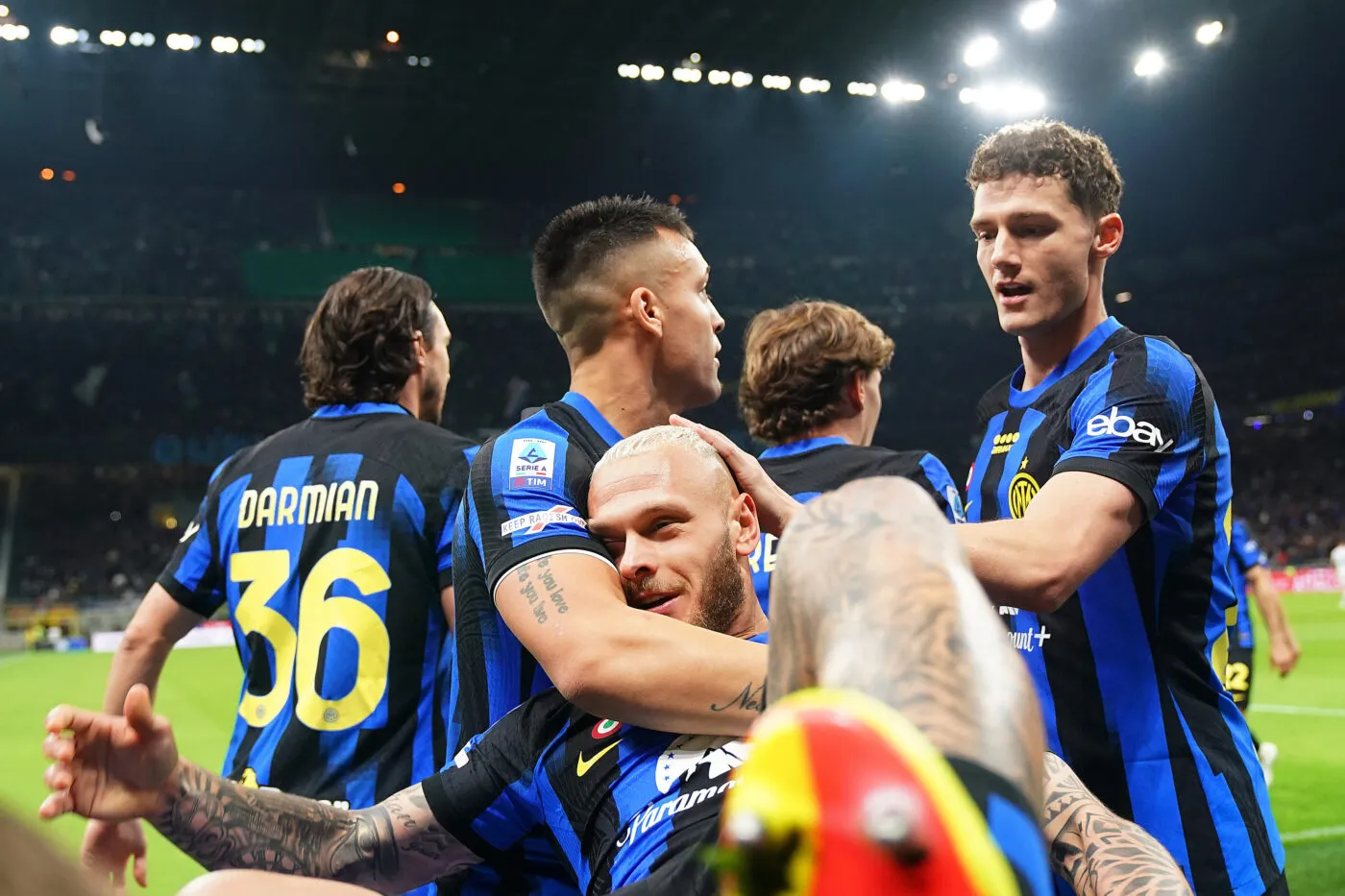 Inter's Federico Dimarco  celebrates after scoring 1-0  during the Serie A soccer  match between Inter and Empoli  at the San Siro Stadium in Milan , north Italy - Saturday , March 17, 2024. Sport - Soccer . (Photo by Spada/LaPresse) Photo by Icon Sport   - Photo by Icon Sport