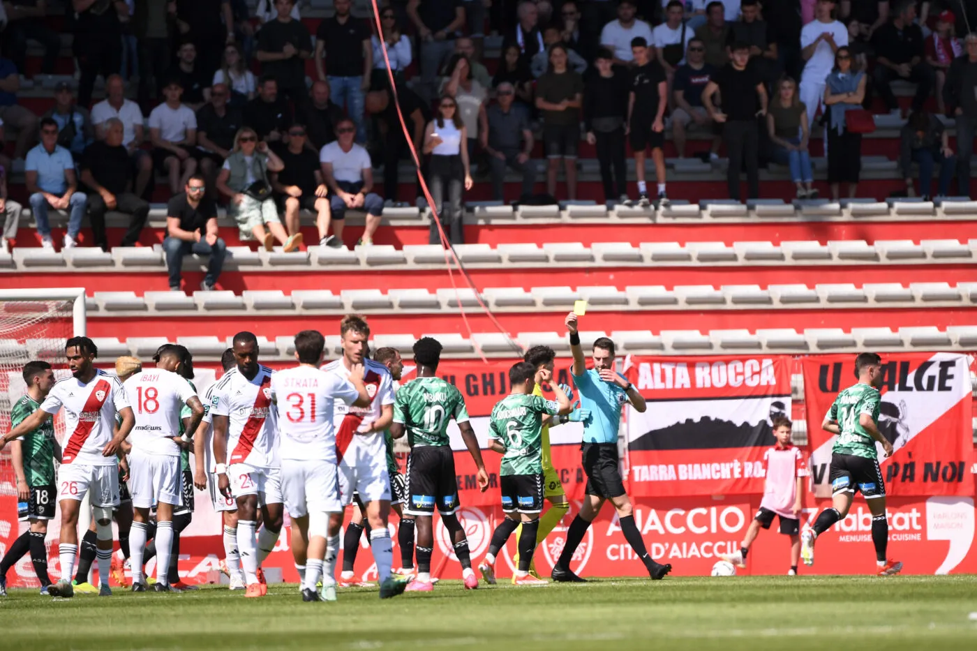 06 Benjamin BOUCHOUARI (asse) - Pierre LEGAT (ARBITRE) during the Ligue 2 BKT match between Ajaccio and Saint-Etienne at Stade Michel Moretti on April 13, 2024 in Ajaccio, France.(Photo by Anthony Bibard/FEP/Icon Sport)   - Photo by Icon Sport