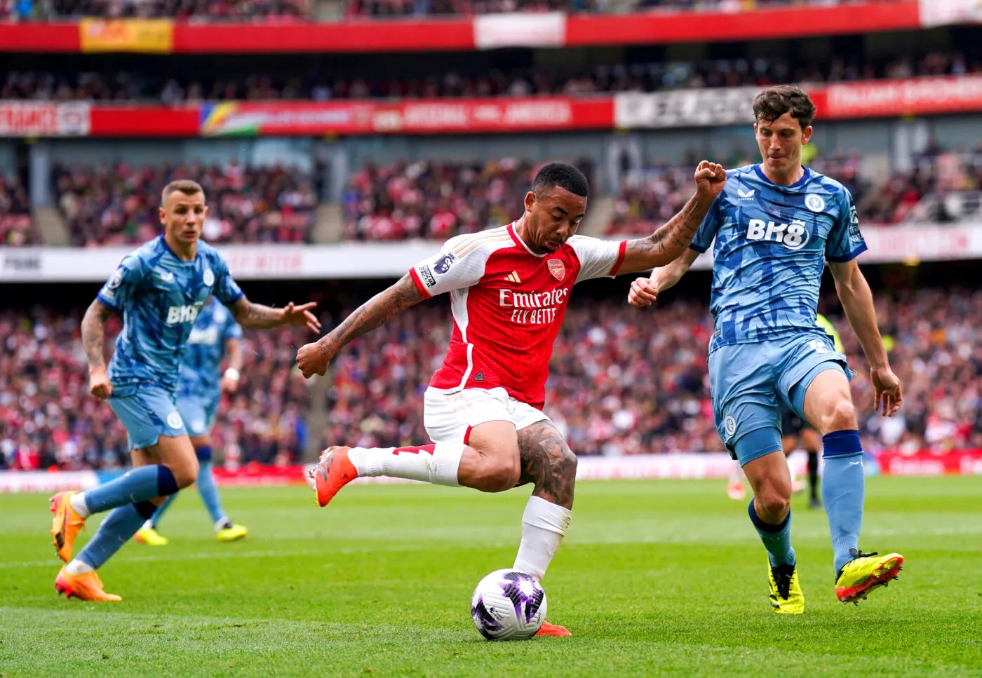 Arsenal's Gabriel Jesus (centre) and Aston Villa's Pau Torres battle for the ball during the Premier League match at the Emirates Stadium, London. Picture date: Sunday April 14, 2024.   Photo by Icon Sport   - Photo by Icon Sport