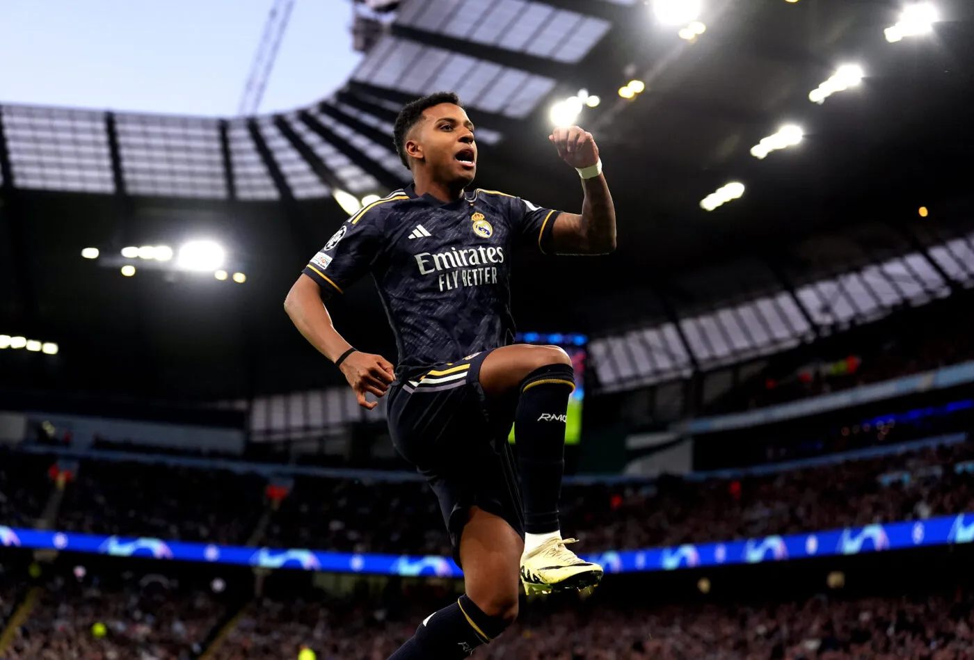 Real Madrid's Rodrygo celebrates scoring the opening goal during the UEFA Champions League quarter-final, second leg match at the Etihad Stadium, Manchester. Picture date: Wednesday April 17, 2024.   - Photo by Icon Sport