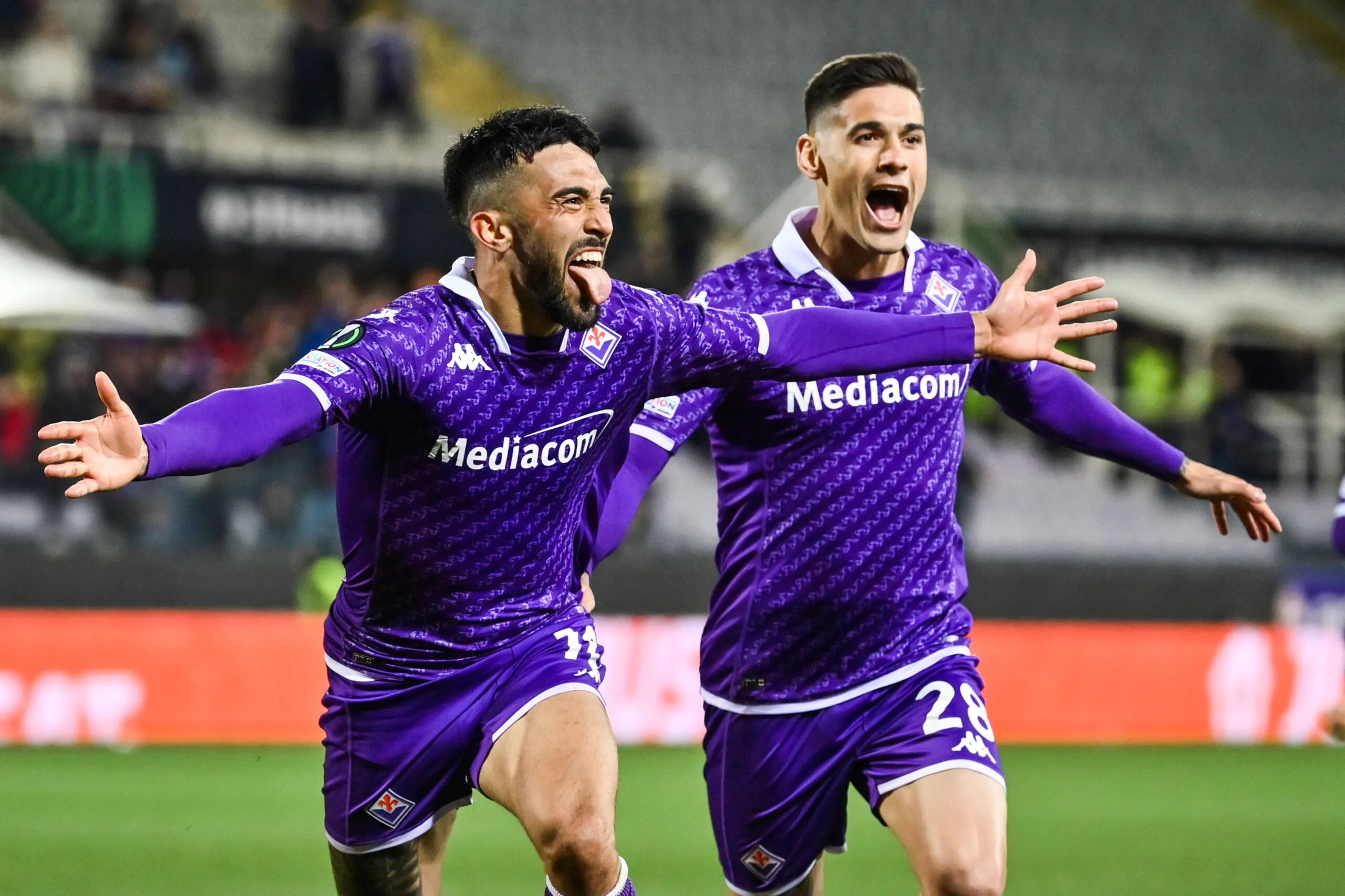 Fiorentina’s Nicolas Gonzalez celebrates after scoring the 1-0 goal for his team during the UEFA Conference League quarter-final 2nd leg match between Fiorentina and Viktoria Plzen at Artemio Franchi Stadium - Sport, Soccer - Florence, Italy - Thurday March 14, 2024 (Photo by Massimo Paolone/LaPresse)   Photo by Icon Sport   - Photo by Icon Sport