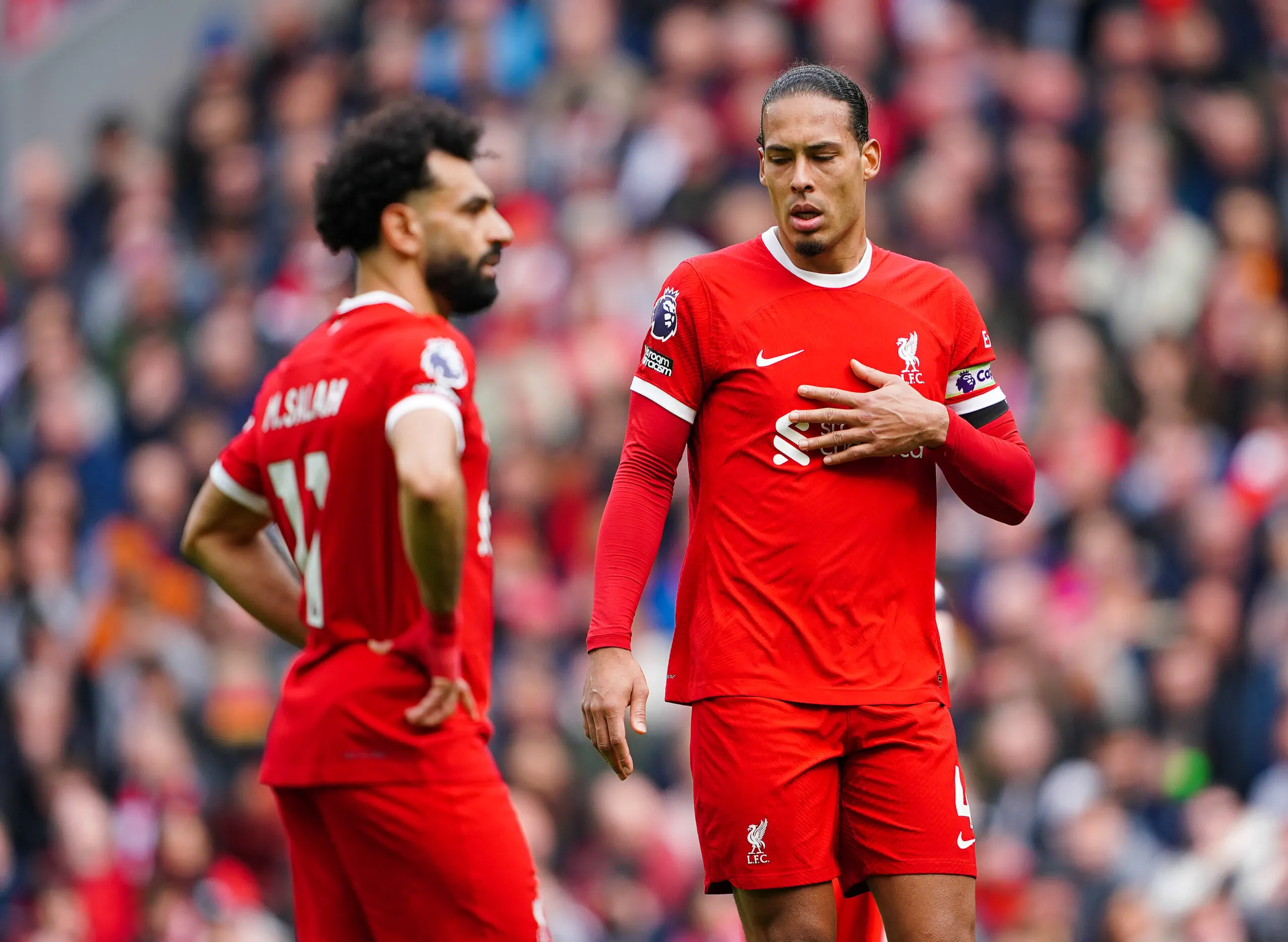 Liverpool's Mohamed Salah and Virgil van Dijk react during the Premier League match at Anfield, Liverpool. Picture date: Sunday April 14, 2024.   - Photo by Icon Sport