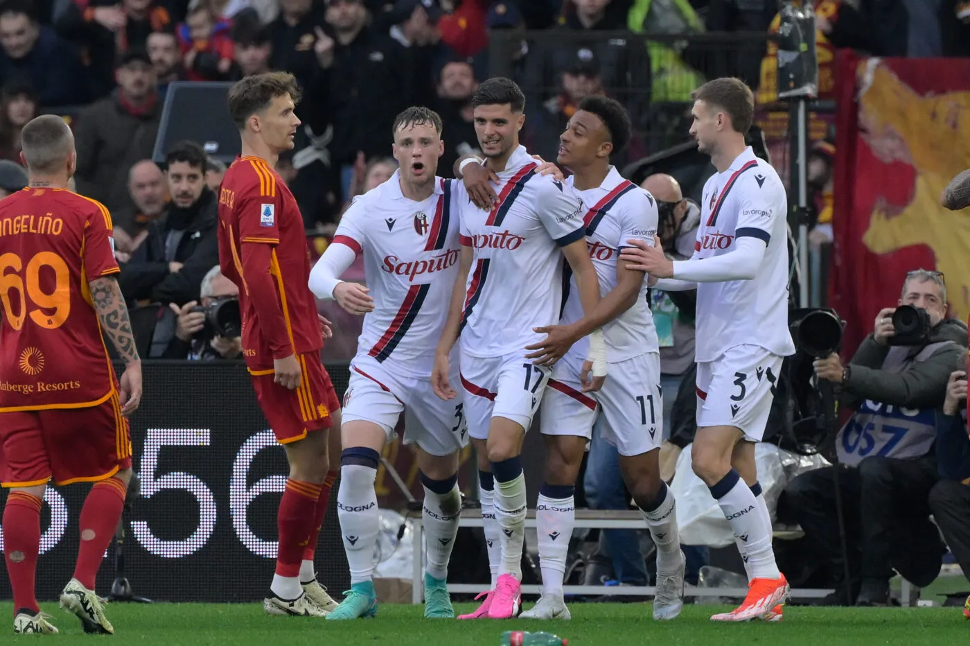 Bologna's Oussama El Azzouzi celebrates after scoring the goal 0-1 during the Italian Football Championship League A 2023/2024 match between AS Roma vs Bologna FC at the Olimpic Stadium in Rome on 22 April 2024. - Photo by Icon Sport