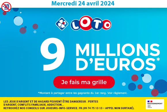 Loto du mercredi 24 avril 2024 : 9 millions d’euros à gagner !