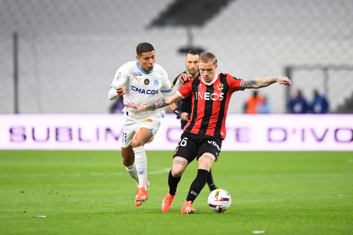 Melvin BARD of Nice and Amin HARIT of Marseille during the Ligue 1 Uber Eats match between Marseille and Nice at Orange Velodrome on April 24, 2024 in Marseille, France.(Photo by Daniel Derajinski/Icon Sport)   - Photo by Icon Sport