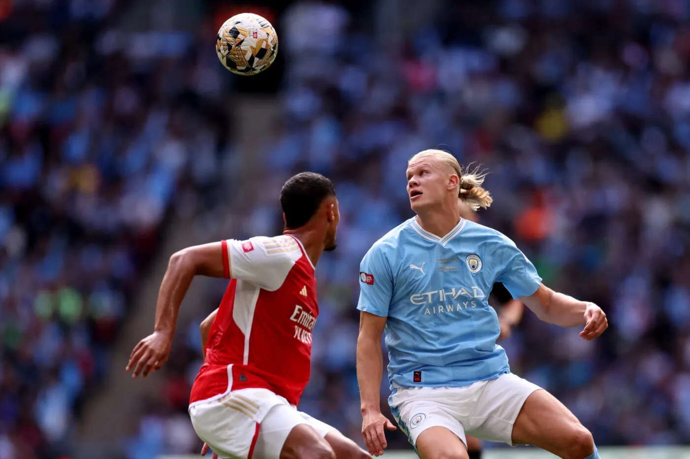 6th August 2023; Wembley Stadium, London, England; Community Shield Football, Arsenal versus Manchester City; Erling Haaland of Manchester City takes on William Saliba of Arsenal - Photo by Icon sport   - Photo by Icon Sport