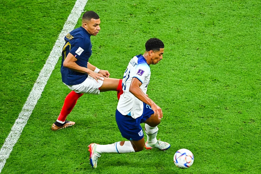 Kylian MBAPPE of France and Jude BELLINGHAM of England during the FIFA World Cup 2022, Quarterfinal match between France and England at Al Bayt Stadium on December 10, 2022 in Al Khor, Qatar. (Photo by Anthony Dibon/Icon Sport) - Photo by Icon Sport