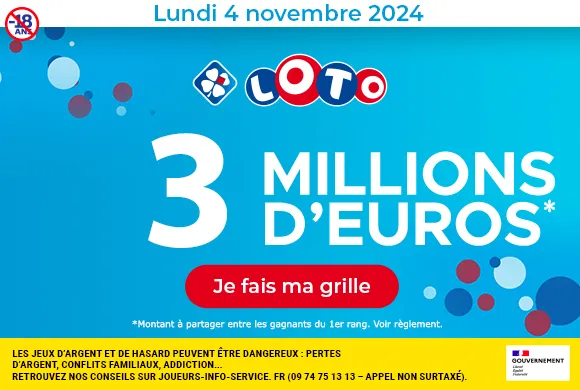 Loto lundi 4 novembre 2024 : 3 millions d’euros à gagner !