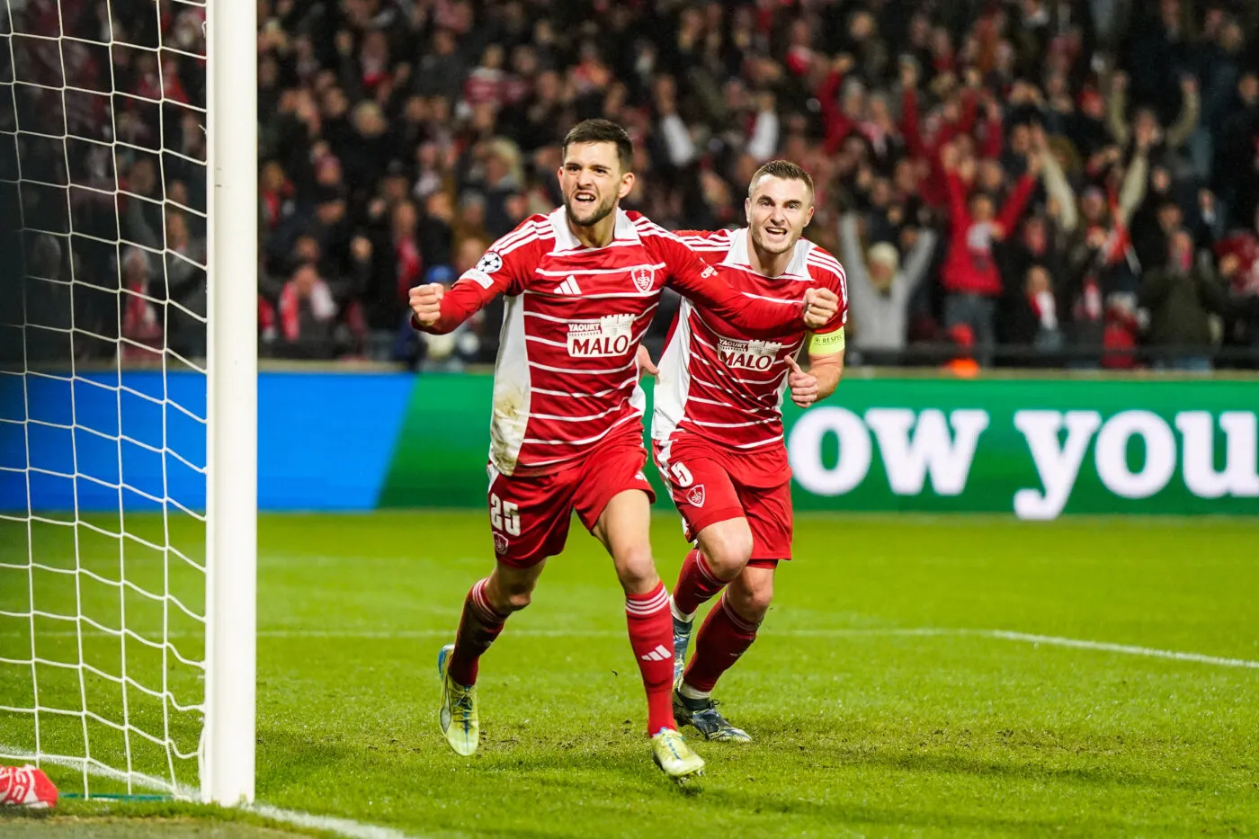 Julien LE CARDINAL of Brest celebrates scoring his team first goal during the UEFA Champions League match between Brest and PSV at Stade du Roudourou on December 10, 2024 in Guingamp, France. (Photo by Daniel Derajinski/Icon Sport) - Photo by Icon Sport