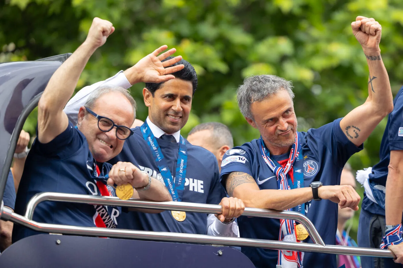 Luis Campos and Nasser Al-Khelaifi and Luis Enrique Paris Saint-Germain’s players are received by supporters in a parade on the Champs-Elysees avenue in Paris on June 1, 2025, the day after PSG won the UEFA Champions League final football match over Inter Milan in Munich, on May 31, 2025. Photo by Alexis Jumeau/ABACAPRESS.COM   - Photo by Icon Sport