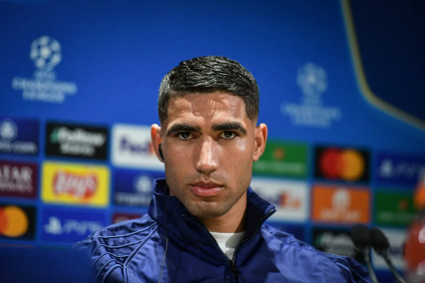 Paris Saint-Germain’s defender Achraf Hakimi speaks during a press conference at the PSG Campus on May 6, 2025, before the UEFA Champions League football match between Paris Saint-Germain and Arsenal FC at the Parc des Princes Stadium in Paris on May 7, 2025. Photo by Firas Abdullah/ABACAPRESS.COM - Photo by Icon Sport