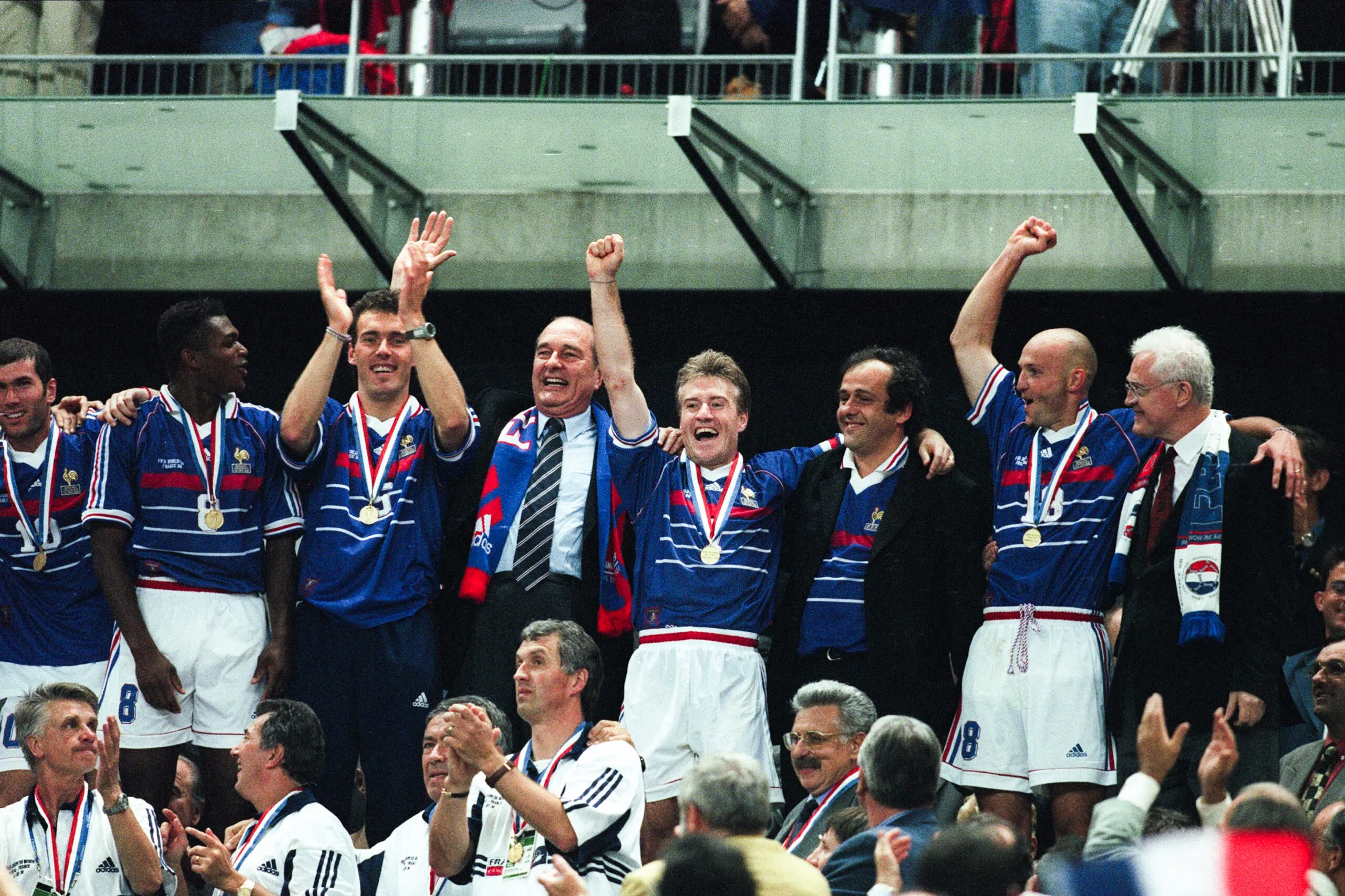 Zinédine Zidane, Marcel Desailly, Laurent Blanc, president Jacques Chirac, Didier Deschamps, Michel Platini, Frank Lebœuf and Lionel Jospin celebrate winning the FIFA World Cup final match between France and Brazil at Stade de France, Saint Denis, on July 12th, 1998. Photo : Allstar / Icon Sport – Photo by Icon Sport