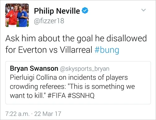 Phil Neville accuse Collina d&rsquo;avoir faussé un match d&rsquo;Everton