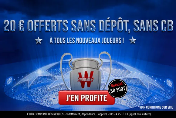 Exceptionnel : 20€ offerts sans sortir sa CB pour parier ce week-end chez Winamax