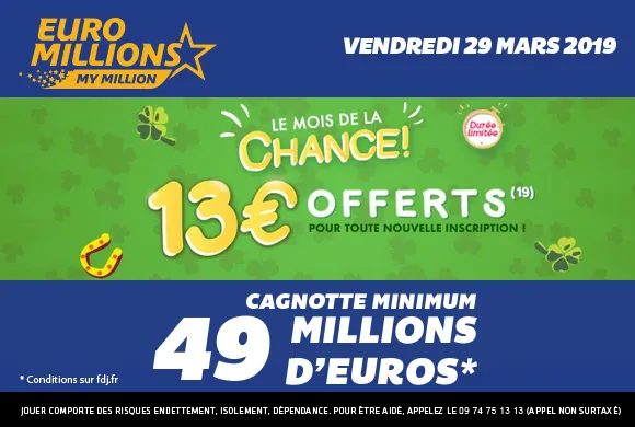 Euro Millions : 49 millions d&rsquo;€ à gagner + 13€ de bonus offerts ce vendredi