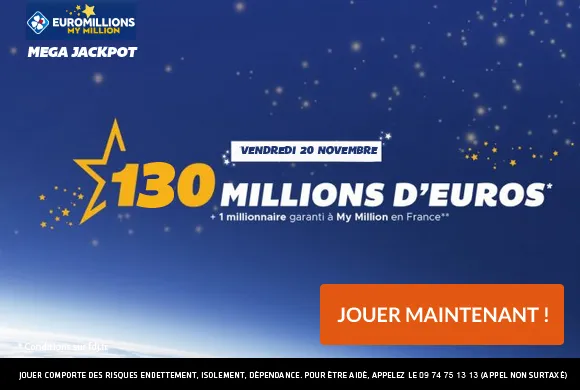 EuroMillions : 130 millions d'€ à gagner + 1 millionnaire garanti ce vendredi