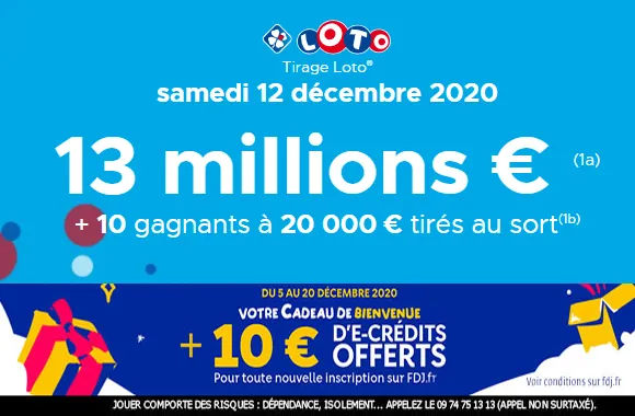 LOTO : 13 millions d’€ à gagner ce samedi + 10€ offerts pour jouer sur FDJ.fr