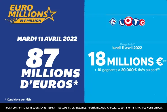 LOTO lundi 11 avril 2022 : 18 millions d&rsquo;€ à gagner + 87 M€ à l&rsquo;Euromillions ce mardi 12 avril !